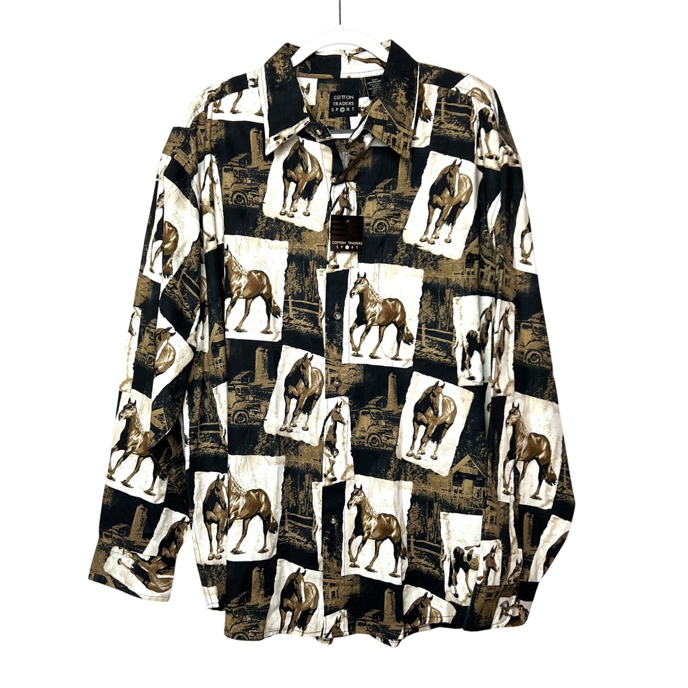 Vintage Cotton Traders Sport Horse Print Button Up Long Sleeve Shirt AOP NOS